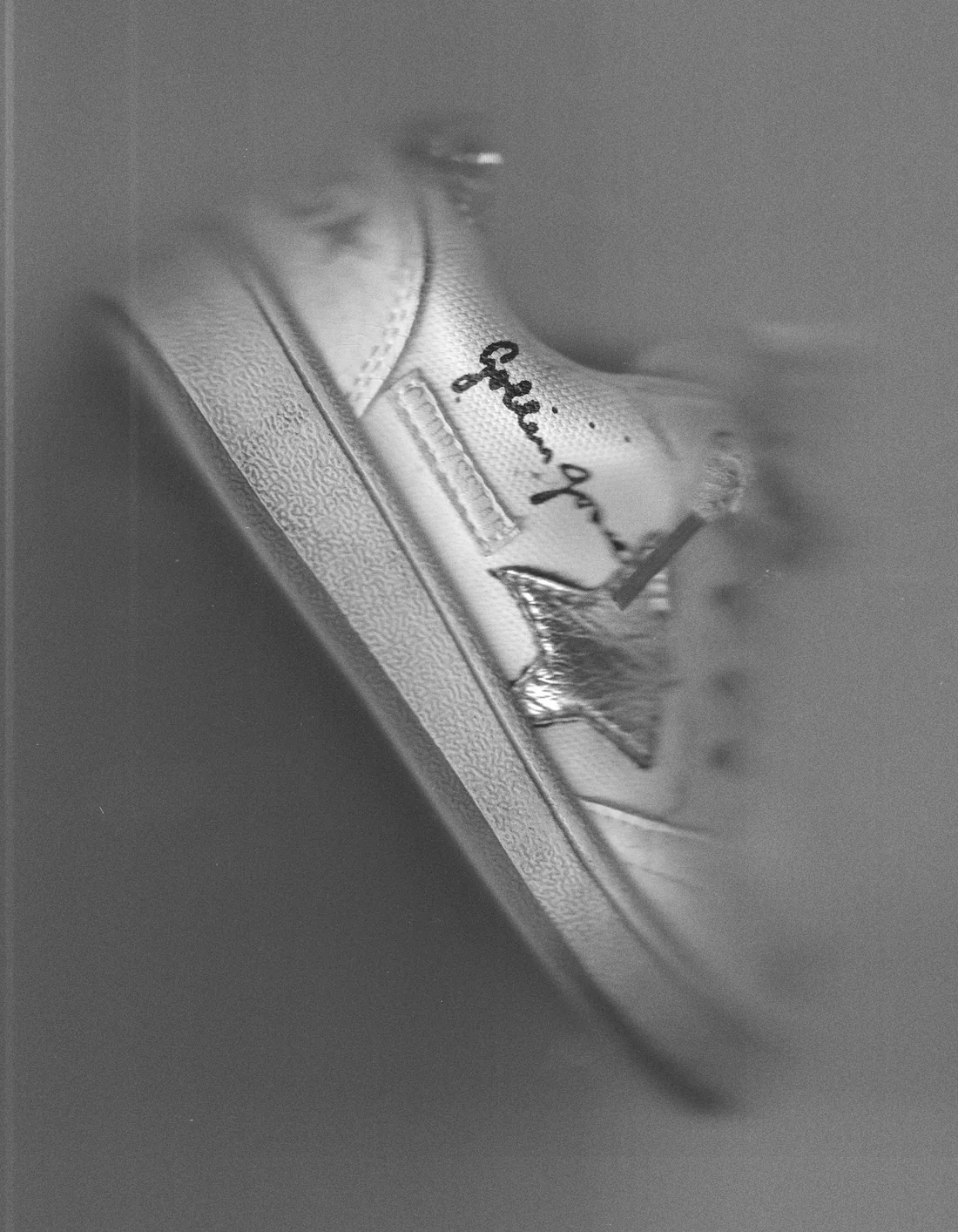 Myles' first shoe scanned on a flatbed scanner — black and white