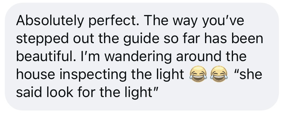 Message from a reader: Absolutely perfect. The way you’ve stepped out the guide so far has been beautiful. I’m wandering around the house inspecting the light — she said look for the light.