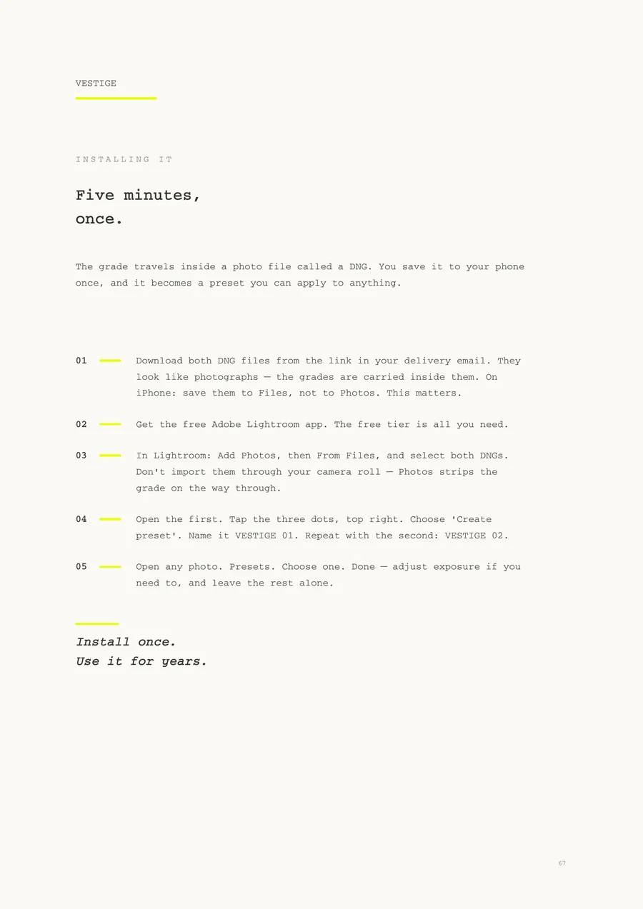 A page from the guide — installing the Vestige image presets